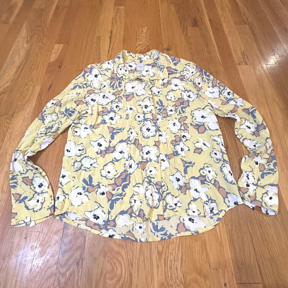 ICHI Yellow Floral Pintuck Button Up Shirt‎ IHEDIE SH Long Sleeve Blouse Size M